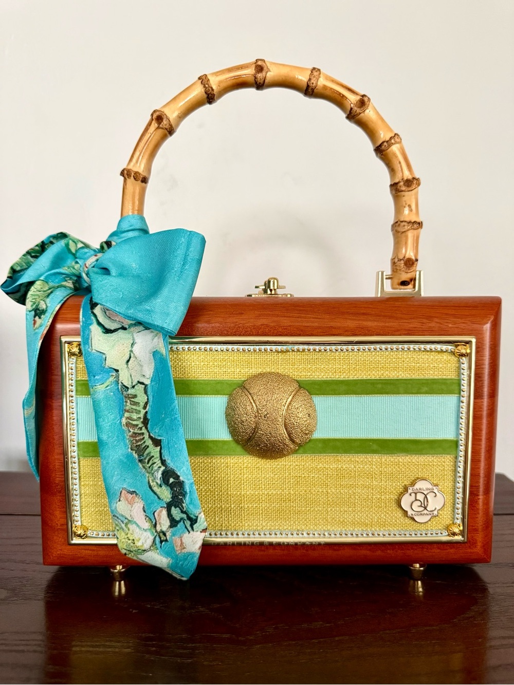 Darling and Company clutch purse with Bamboo Handle and Turquoise Bow, tennis.